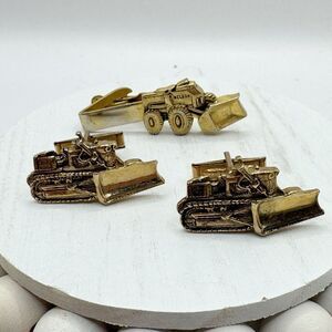 Vtg Construction Vehicle Cufflinks Tie Clip Gold Nelson Bulldozer Front Loader